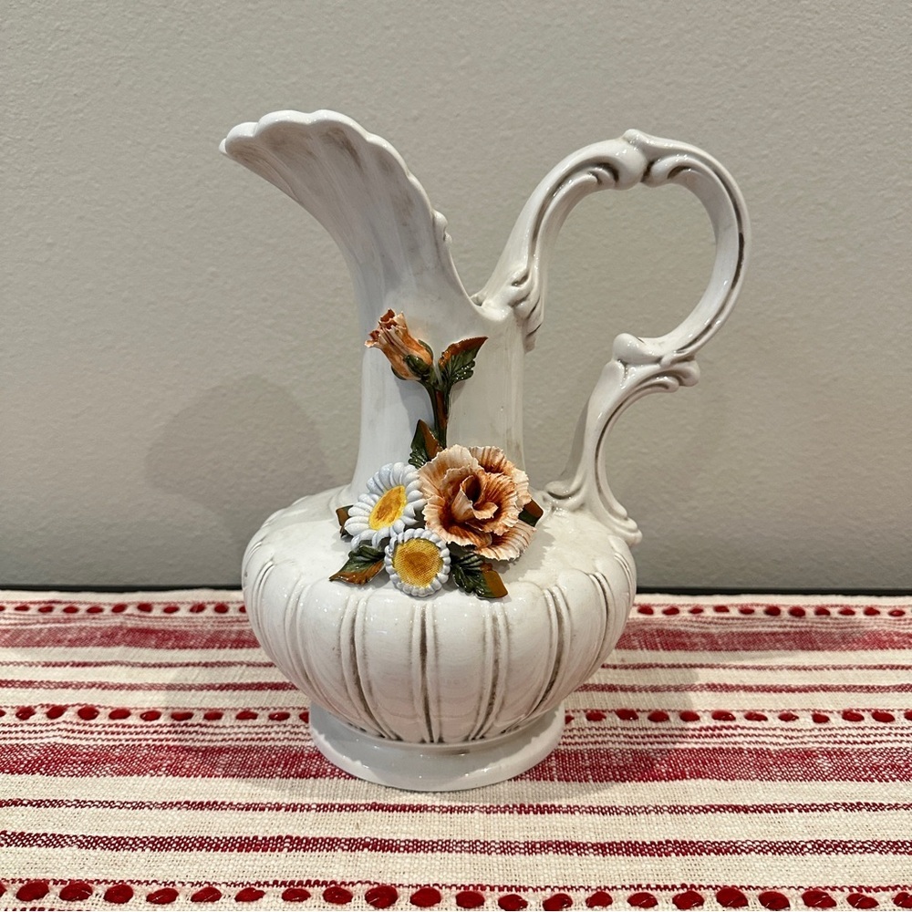 Vintage Capodimonte Style Hand Painted Majolica Porcelain Pitcher Made in Italy